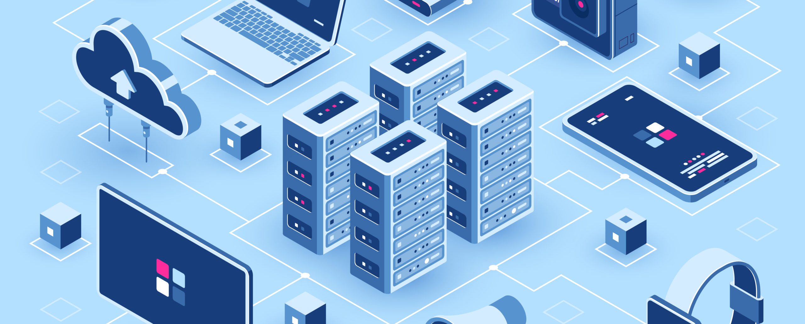 Computer technology isometric icon, server room, digital device set, element for design, pc laptop, mobile phone with smartwatch, cloud storage, flat vector illustration